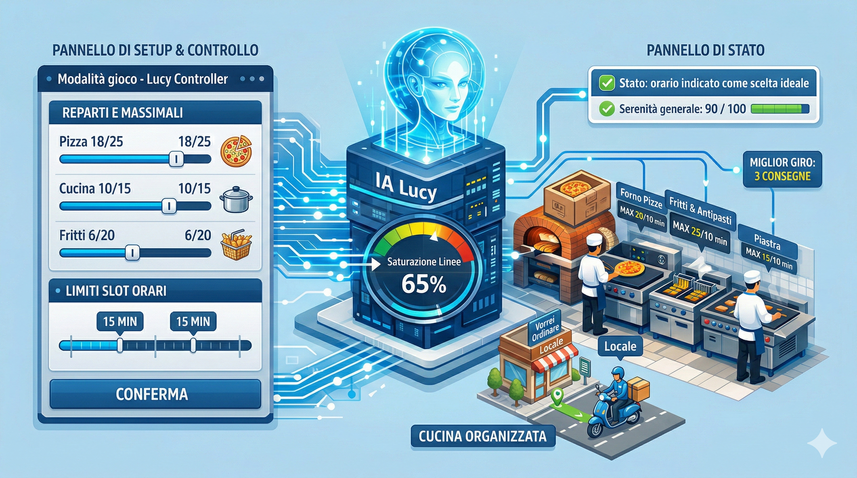 Pannello conceptual Vorrei Ordinare: Gestione Facile, Controllo Lucy e Giri Rider