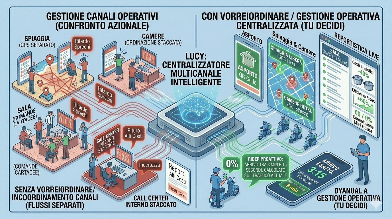 Visualizzazione conceptual Vorrei Ordinare: Gestione Canali Operativi Unificata Spiaggia, Camere, Sala e Asporto vs. Caos Tradizionale