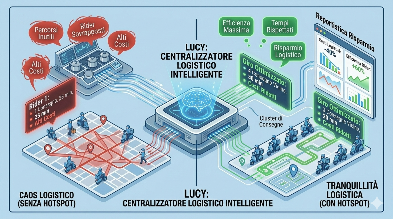 Visualizzazione conceptual Vorrei Ordinare: Hotspot Virtuali di Consegna e l'Enorme Risparmio Logistico