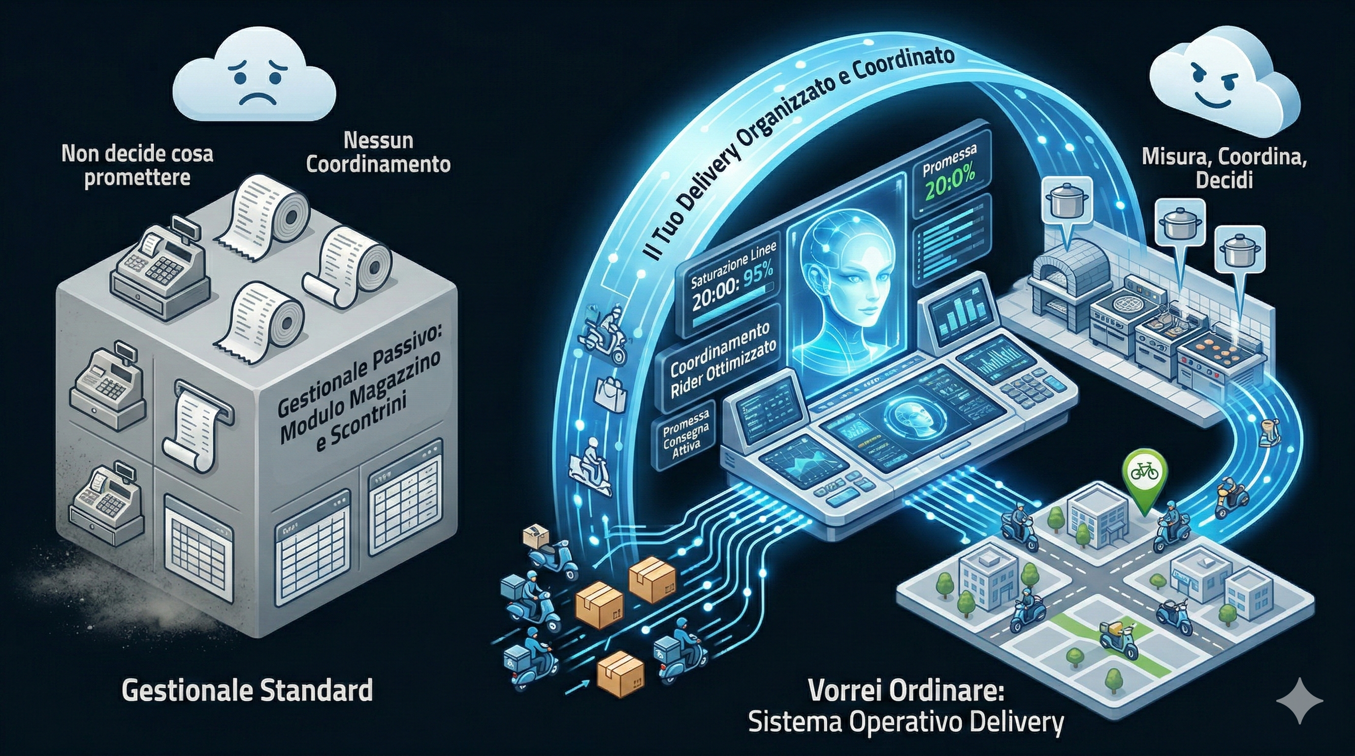 Visualizzazione conceptual Vorrei Ordinare: Confronto tra Gestionale Passivo (grigio, statico) e Sistema Operativo Attivo (luminoso, coordinato) per il Delivery