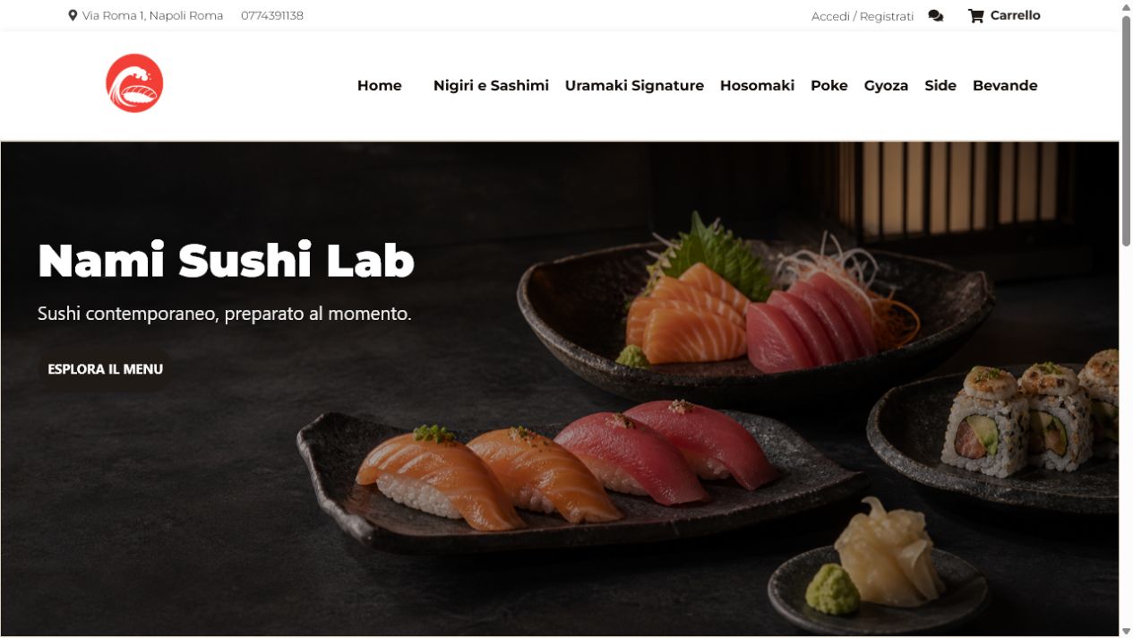 Web app mobile Nami Sushi Lab dentro uno smartphone