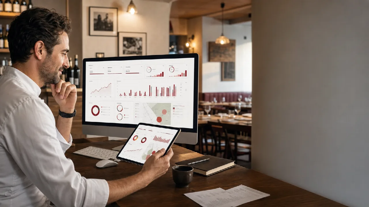 Titolare del locale che controlla ordini e risultati su monitor e tablet