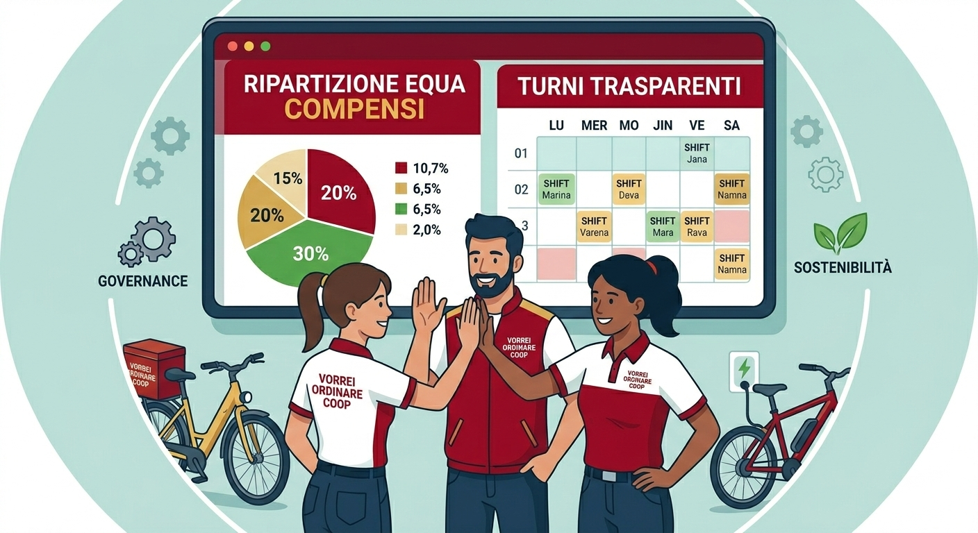 Rider della cooperativa felici davanti alla dashboard di compensi equi