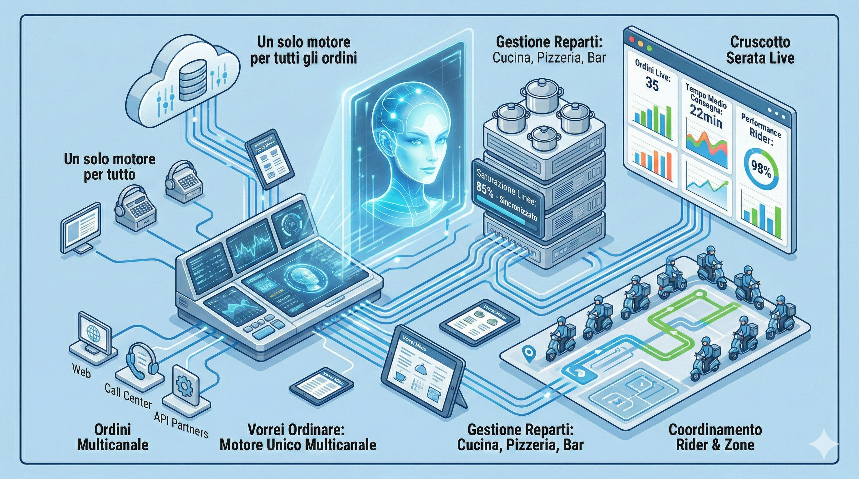 Visualizzazione conceptual Vorrei Ordinare: Orchestra Perfetta del Delivery, Multicanale, Slot Cucina, Rider Coordinati e Numeri Live