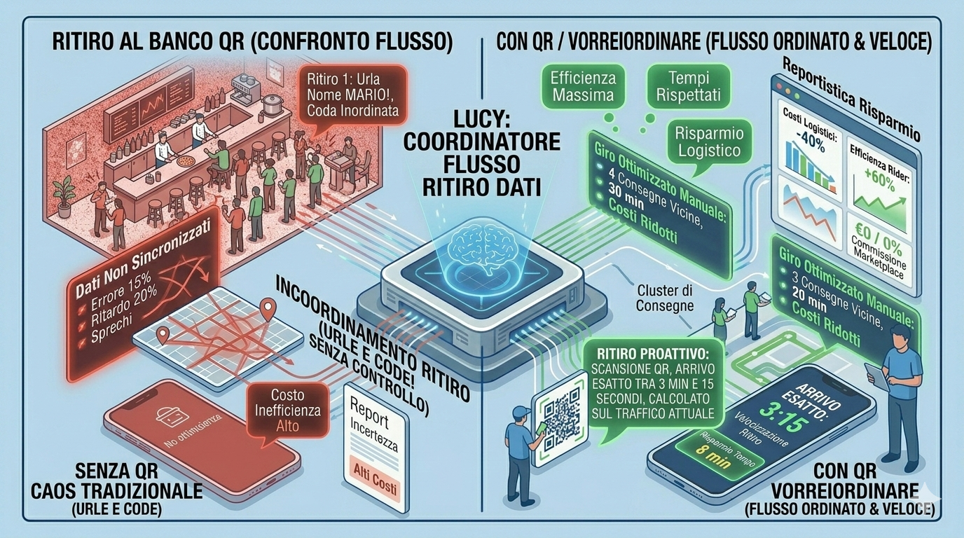 Visualizzazione conceptual Vorrei Ordinare: Flusso Ritiro al Banco Ordinato con QR vs. Caos Tradizionale